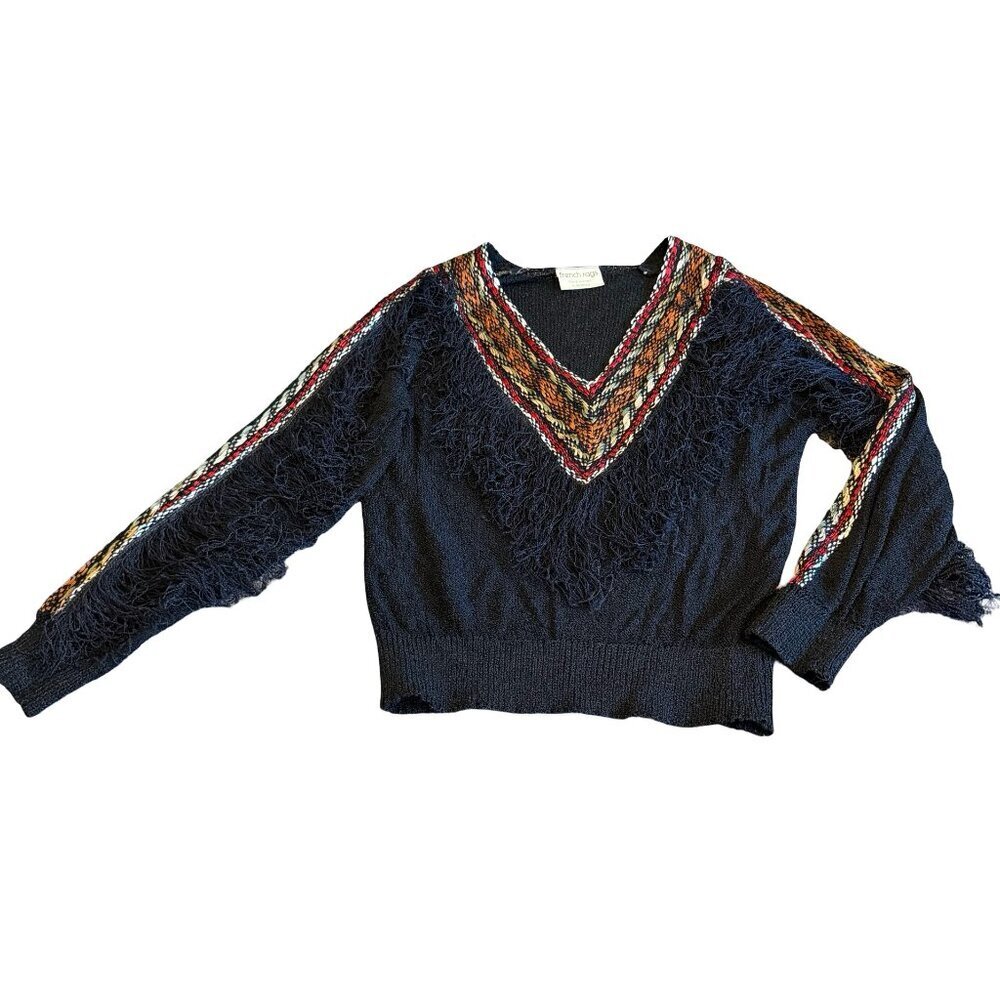 French Rags Nubby Pullover Silk Rayon Sweater Colorful Fringe Size Medium Womens